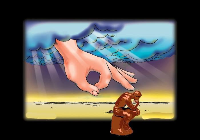 Satirical illustration of a hand reaching from the clouds toward a seated thinker